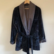 VTG Bullock & Jones Blue Velvet Paisley Smoking Jacket S/M Shawl Collar & Belt