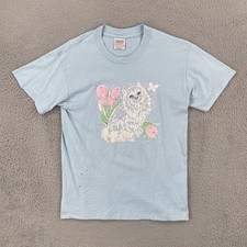 Vtg Oneita Power 50 Plus M Blue Single Stitch Made In USA T Shirt Cat Graphic