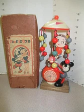 Mickey Mouse Betty Boop 1930s windup celluloid toy clock Japan whirligig box