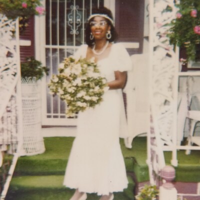 Vintage Polaroid Photo Pretty Lady White Dress Flowers Bouquet Found Snapshot