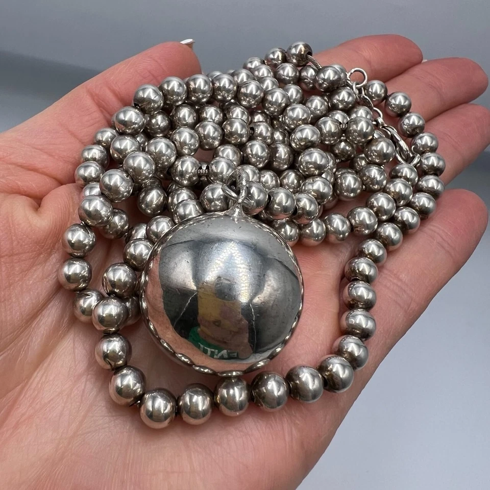 Collar Largo Colgante Vintage Plata de Ley 925 Unisex Cuentas Bola Brillante 62 gr Foto 3 de 4