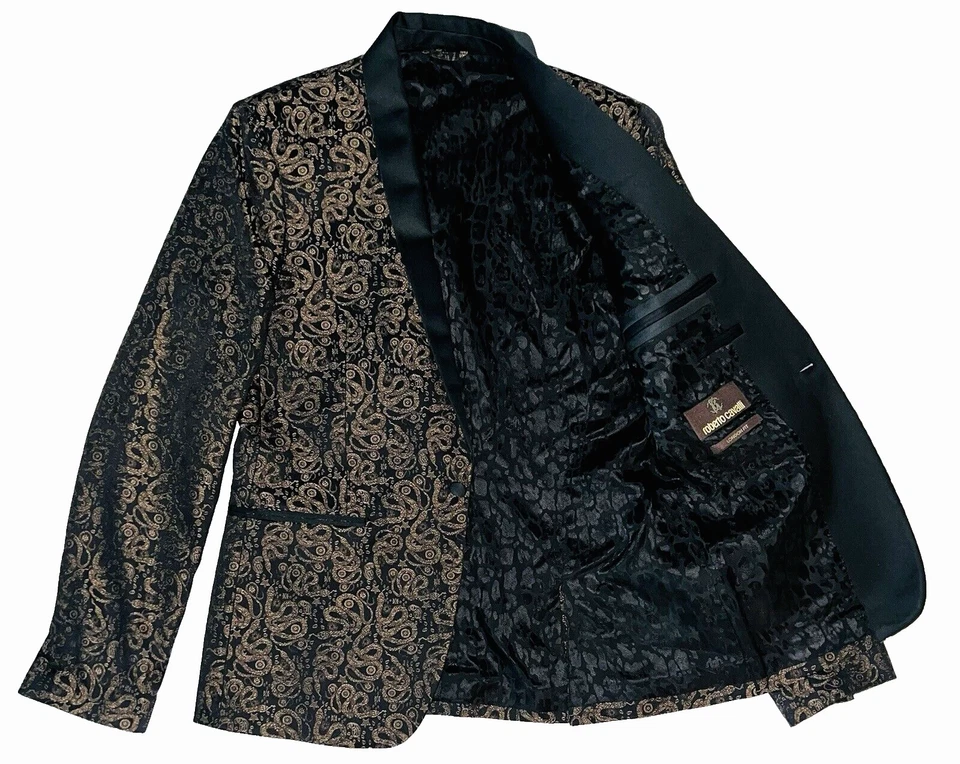 $3000 ROBERTO CAVALLI Oro Lurex Serpiente Jacquard Esmoquin Esmoquin Cena Chaqueta 40 Foto 2 de 4