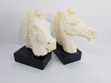 A. Giannelli Signed White Horse Head Bookends Sculpture Equestrian Italian MCM