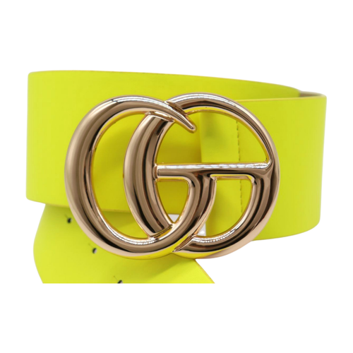 Women Neon Yellow Wide Faux Leather Statement Belt Gold Metal Circle Buckle S M - Picture 10 of 22