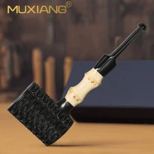 MUXIANG Briar Poker Pipe Handmade Rustic Wood Tobacco Pipe Straight Bamboo Stem