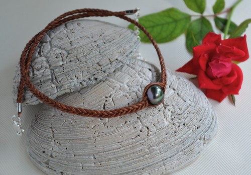 Tahitian Pearl Braided Leather Necklace Elegant Pearl Jewelry UNISEX Necklace - Picture 2 of 7