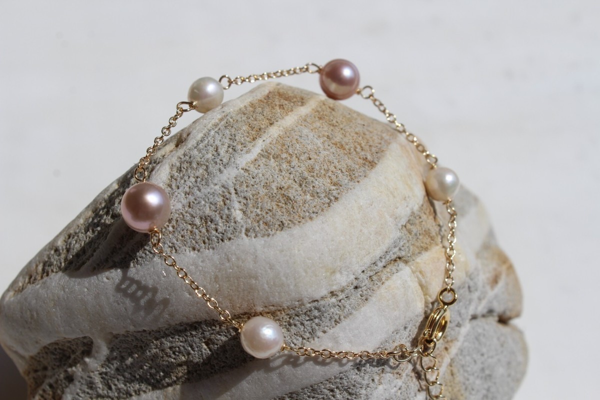 Bracelet Fin En Perles De Culture Roses Et Blanches, Plaqué Or Jaune 14k - Rose-Mimosa