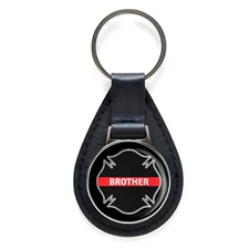 Thin Red Line Brother Firefighter Cross Black Leather Keychain Silver Keyring 