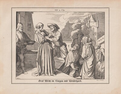Graf Ulrich von Linzgau und Wendelgard 919 n. Chr. HOLZSTICH von 1862