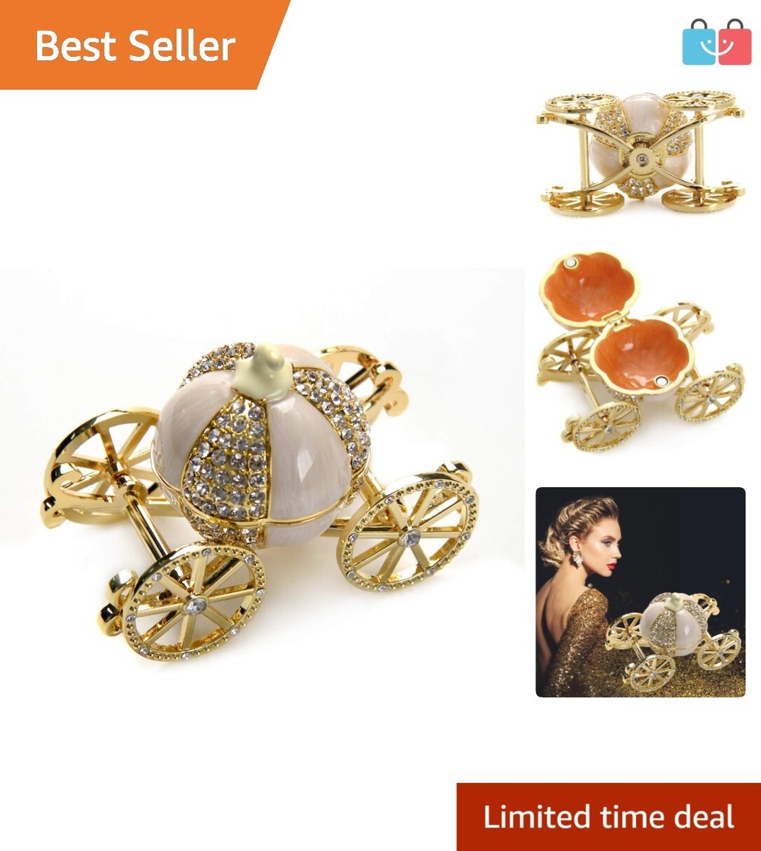 Elegant Hand-Painted Cinderella Pumpkin Carriage Jewelry Box