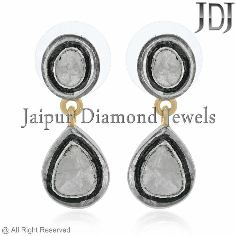 Natural Rosecut Polki Diamond 925 Sterling Silver Handmade Jewelry Women Earring - Image 3 of 3