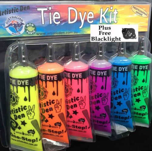 6 x Neon Colours Tye Dye Set UV Neon Glow Tie Dye + Free Blacklight - Picture 1 of 6