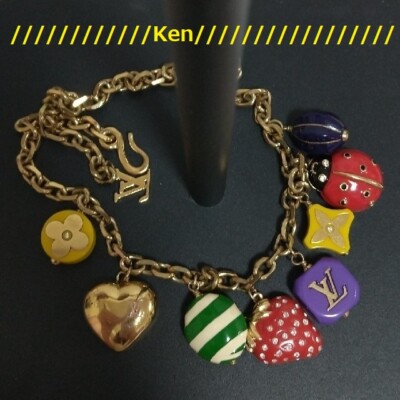 LOUIS VUITTON Necklace Pendant AUTH LV LOGO Strawberry heart Ladybugs Chain  F/S