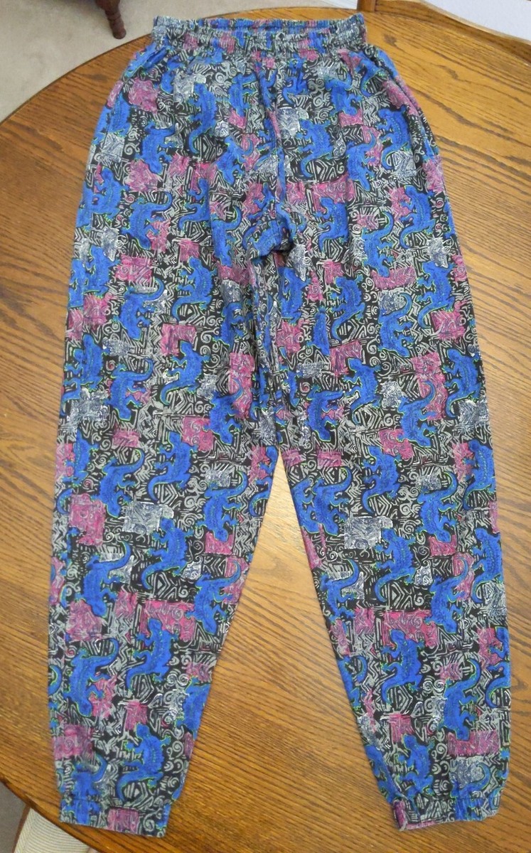 Vtg ID4U baggy 90s pant S lizard colorful beach workout blue drawstring  elastic
