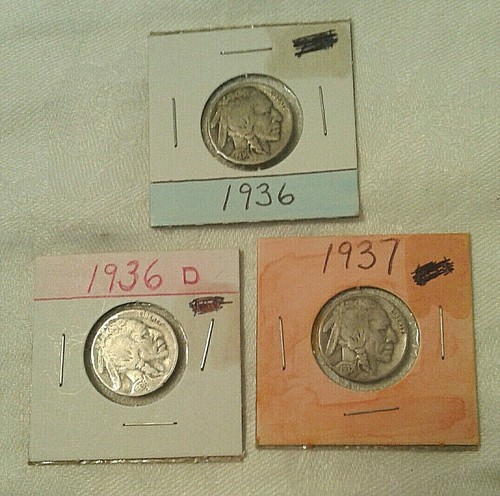 Set of 3 Buffalo Nickels - 1936, 1936D, 1937 - Picture 1 of 7