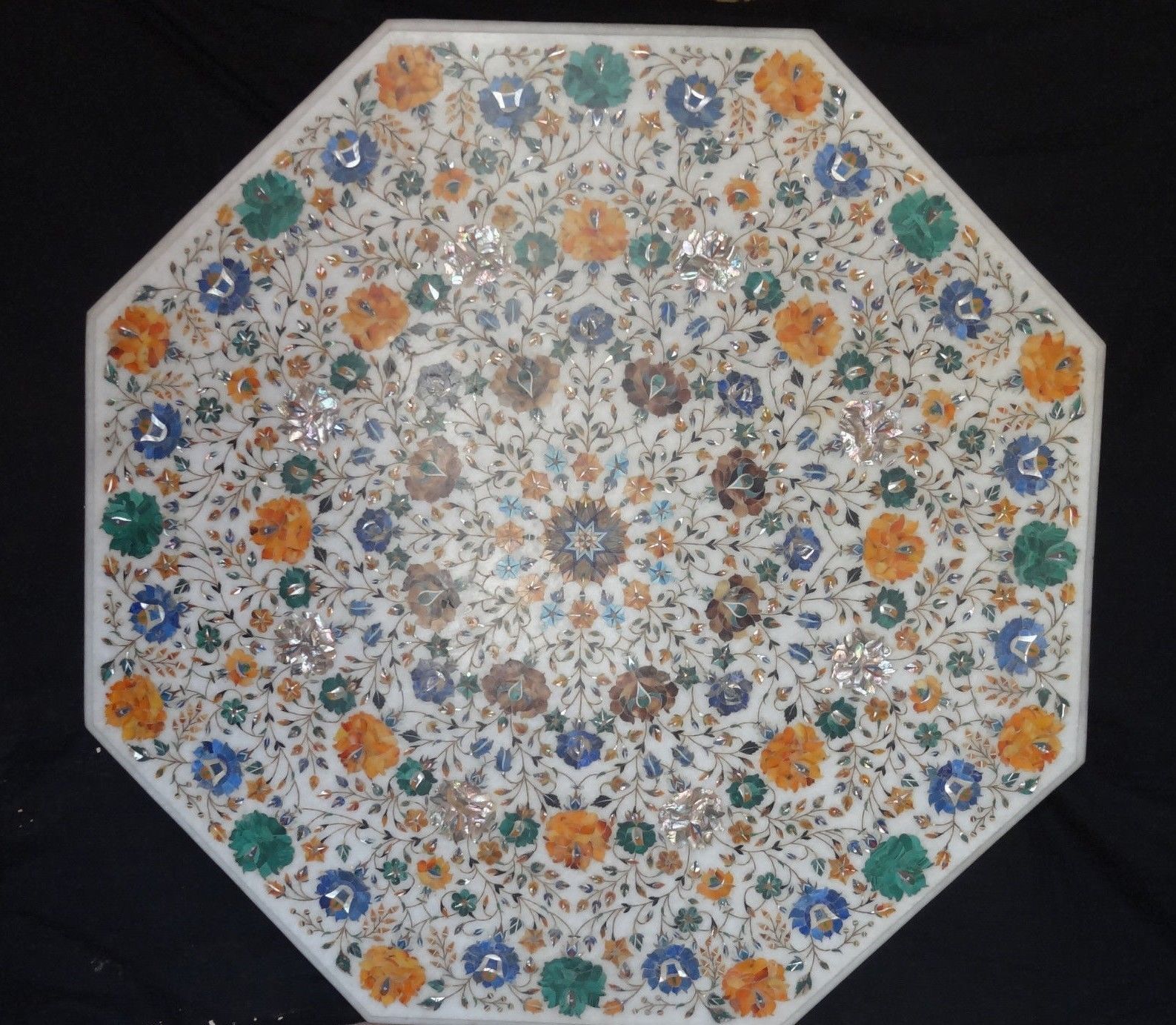 Handcrafted 48-Inch Pietra Dura Marble Dining Table with Stone Inlay