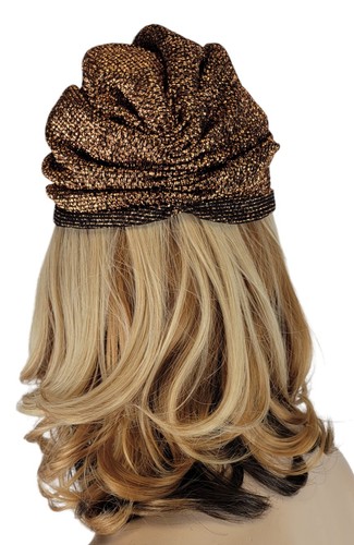 Vtg 60s Copper Gold Black Metallic Lame Ladies Cloche Gathered Fabric Turban Hat - Picture 15 of 19