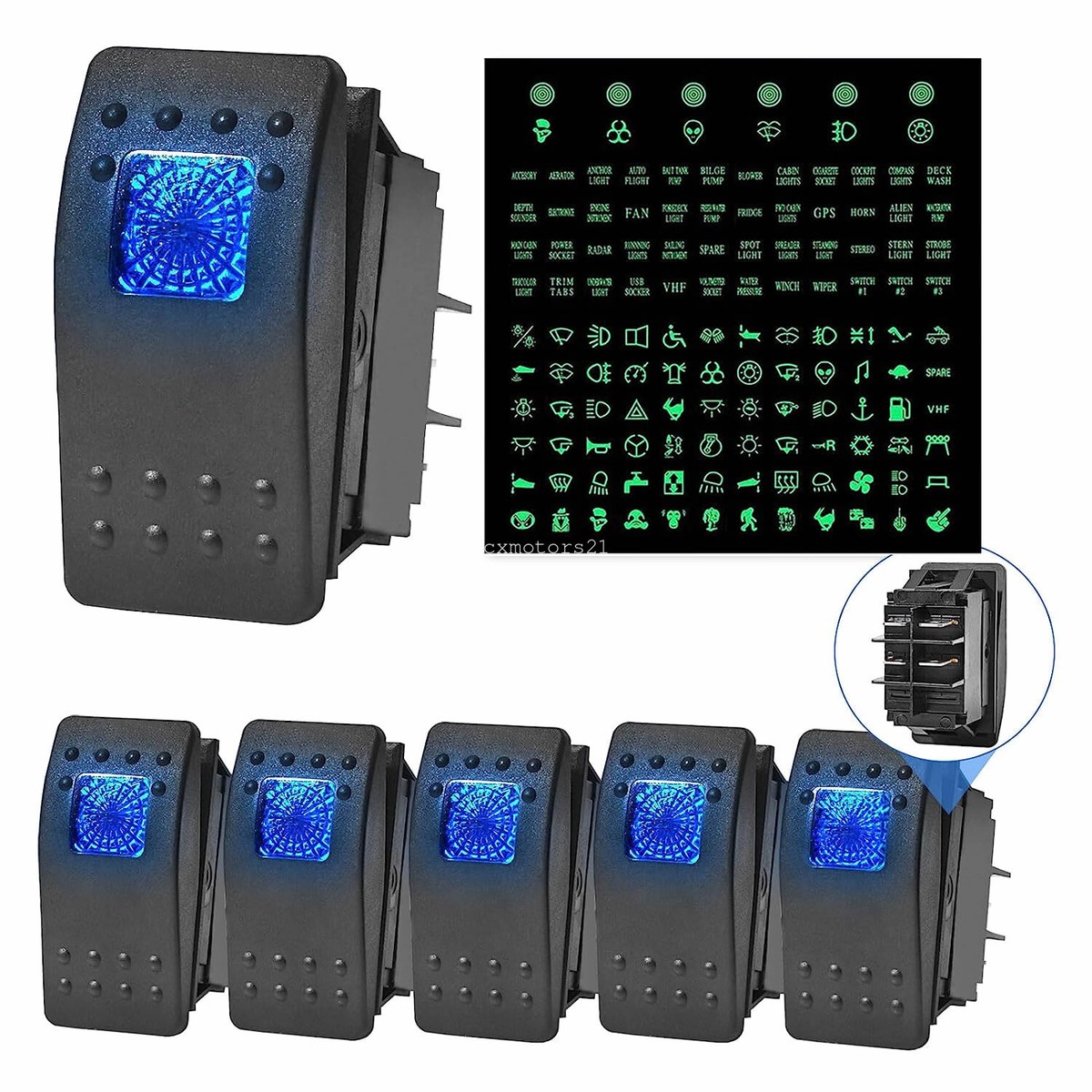 6x Rocker Switch 4 PIN Blue LED Light Switches For Can-Am / Arctic