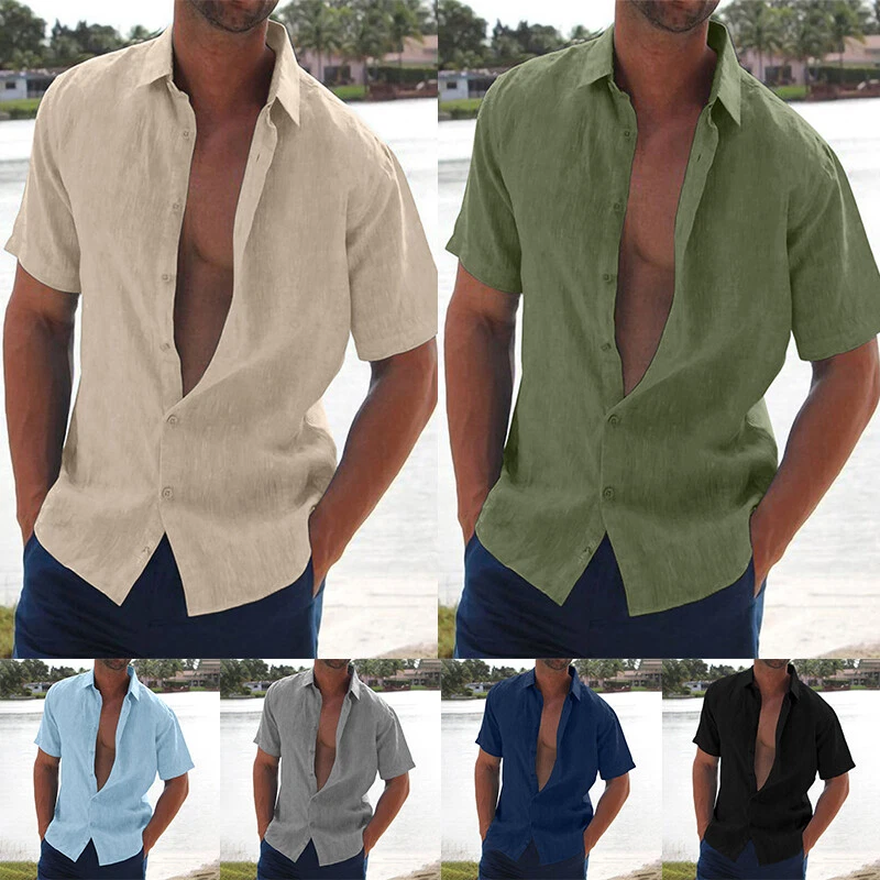 Men Linen Cotton Shirt Button Down Blouse Summer Short Sleeve Beach Tops Clothes