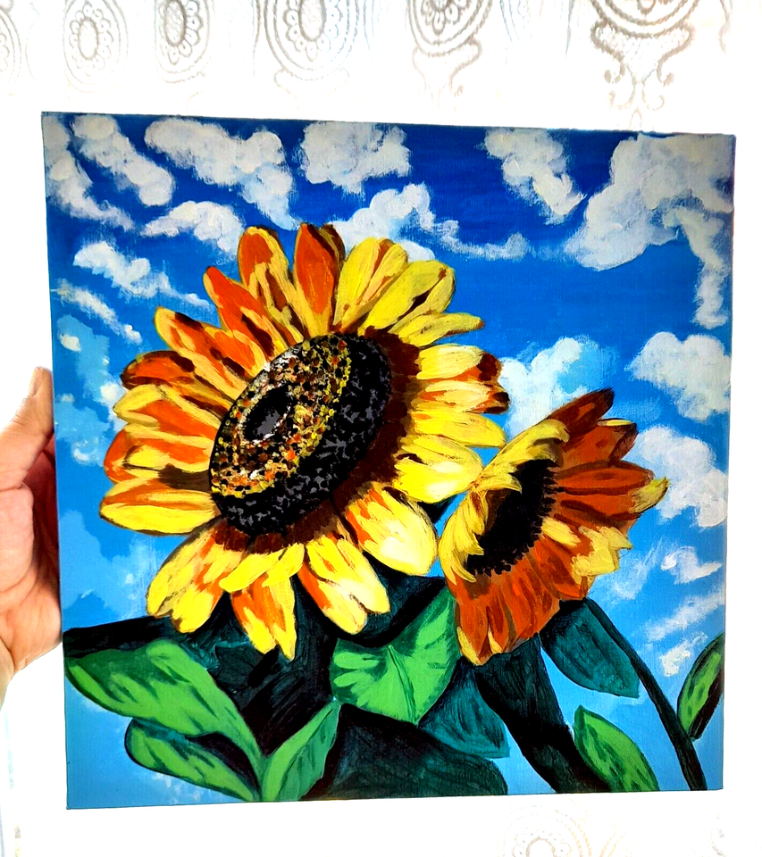 original-modern-painting-sunflower-floral-nature-artwork-blue-sky-art