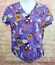 Disney Women's Scrubs Top Halloween Sz L Mickey Mouse Trick or Treat Purple