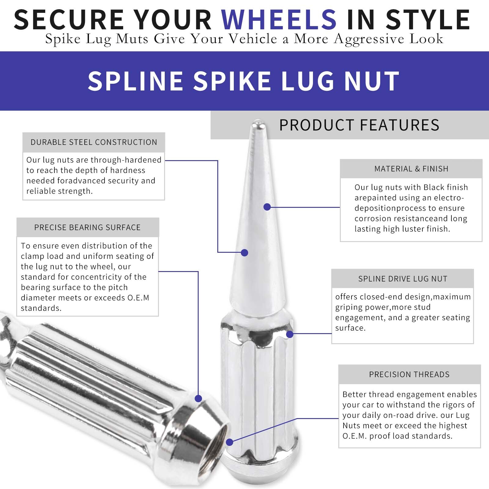 24Pcs Chrome Wheel Spike Lug Nuts 14x1.5 w/Key For Aston Martin Rapide AMR 18-21