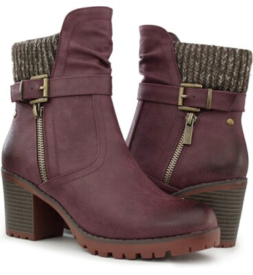 Hawkwell Women's Zipper Chunky Heel Ankle Booties BURGUNDY SZ 6