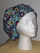 Teal w/ Pretty Flowers Medical Surgical Bouffant Scrub Hat ONE SIZE   L
