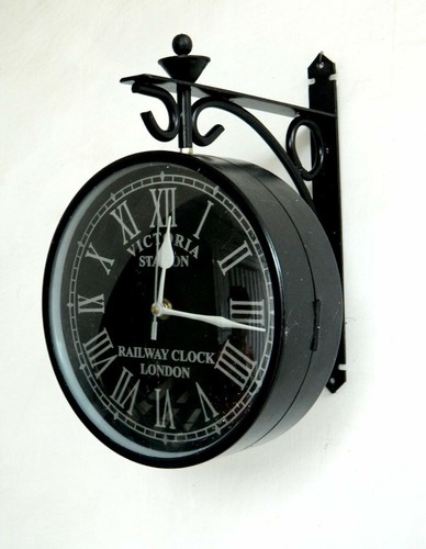 Double Side Hanging Metal Railway Station Vintage Platform 10" Wall Clock - Picture 5 of 8