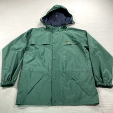VINTAGE Stearns Dry Wear Jacket Mens Medium Green Hood Rain Coat PVC Rubberized