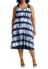 NEW CHAPS BLUE WHITE COTTON MIDI FLARE DRESS SIZE 2X WOMEN $