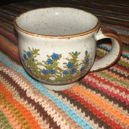 Vintage 70s Mug Potbelly Cornflower Takahashi Coffee Green Blue Flower Floral