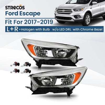 For 2017-2019 Ford Escape Halogen Headlight w/Bulb w/o LED DRL Chrome Left+Right