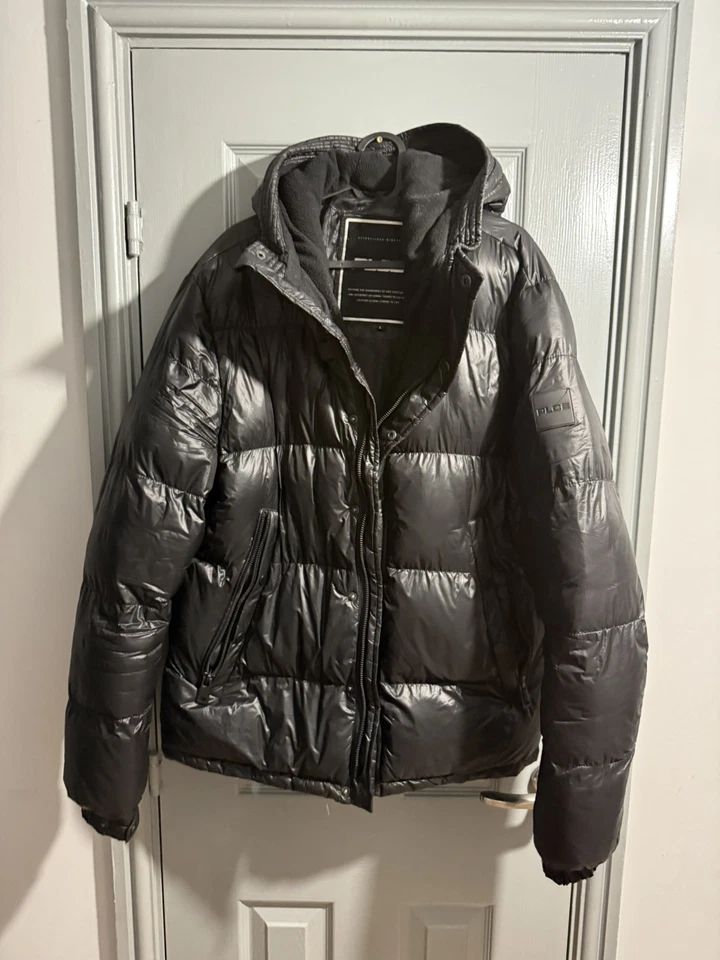 MENS POLICE BRAND BLACK HOODED PUFFER PADDED WINTER JACKET COAT size L - Image 3 of 3