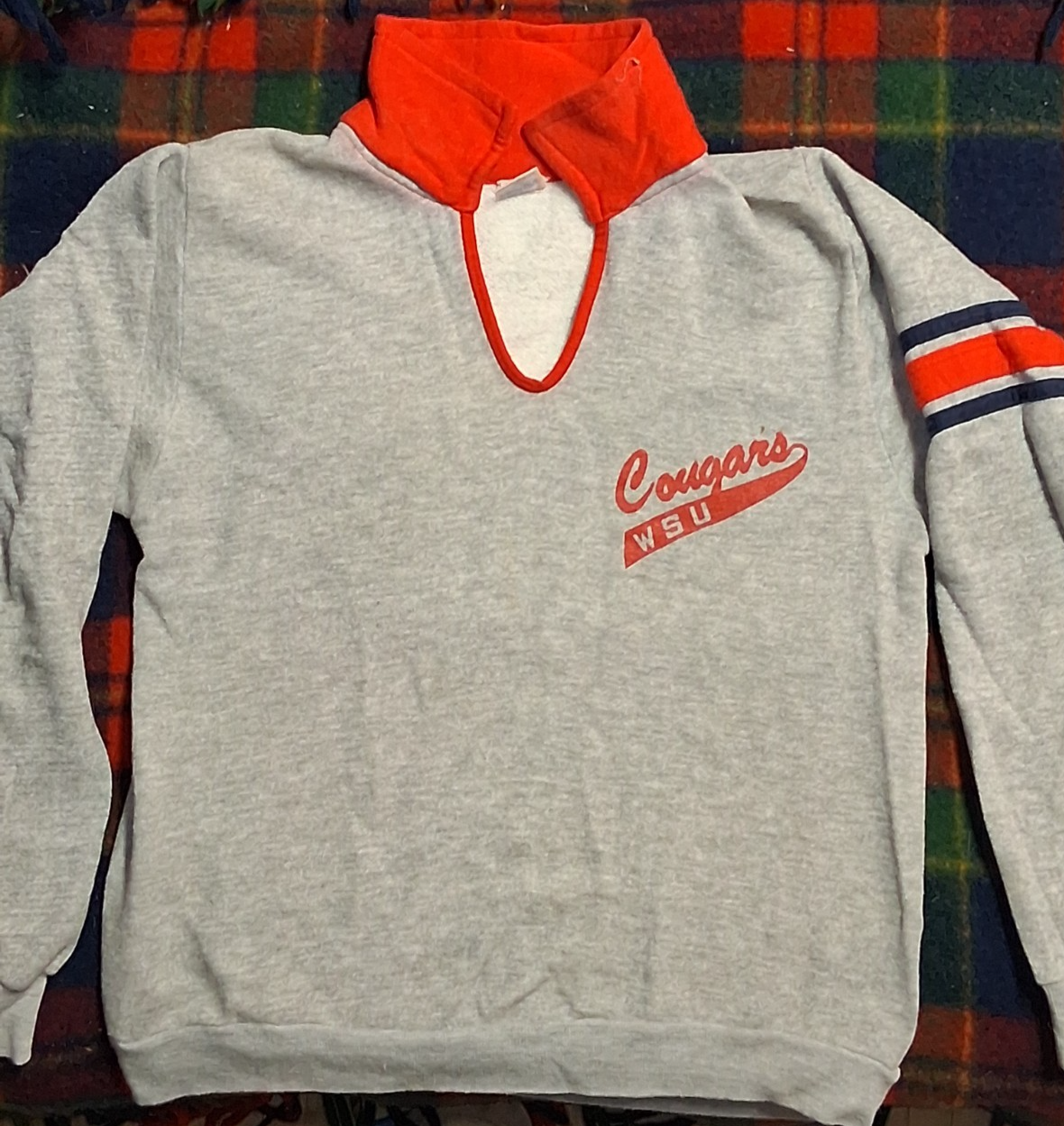 True Vintage 70s Champion Blue Bar WSU Flocked Single Stitch Mens Small