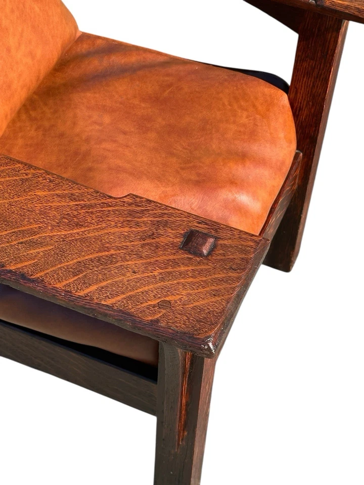 Antique Arts & Crafts Mission Oak Diminutive Morris Chair with Leather Seat - Image 4 of 4