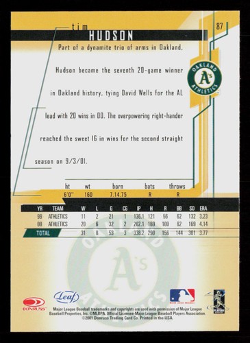 Tim Hudson 2001 Leaf Rookies & Stars #87 Oakland Athletics Baseball Card - Picture 2 of 2