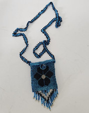VTG Handmade Glass Bead Blue with Black Flower Tiny Pouch Medicine Bag Necklace