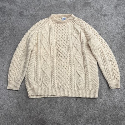 John Molloy Ireland Aran Cable Knit Sweater Mens Cream Wool Handknit Macys VTG