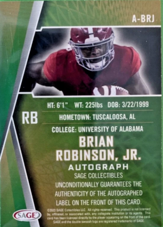 2022 SAGE GOLD AUTO BRIAN ROBINSON JR #A-BRJ ROLL TIDE/COMMANDERS RC AUTO 91/100 - Image 2 of 4