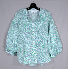 KARLIE Green/Purple GEOMETRIC Button-Up 3/4 PUFF SLEEVE Oversized BLOUSE/TOP S