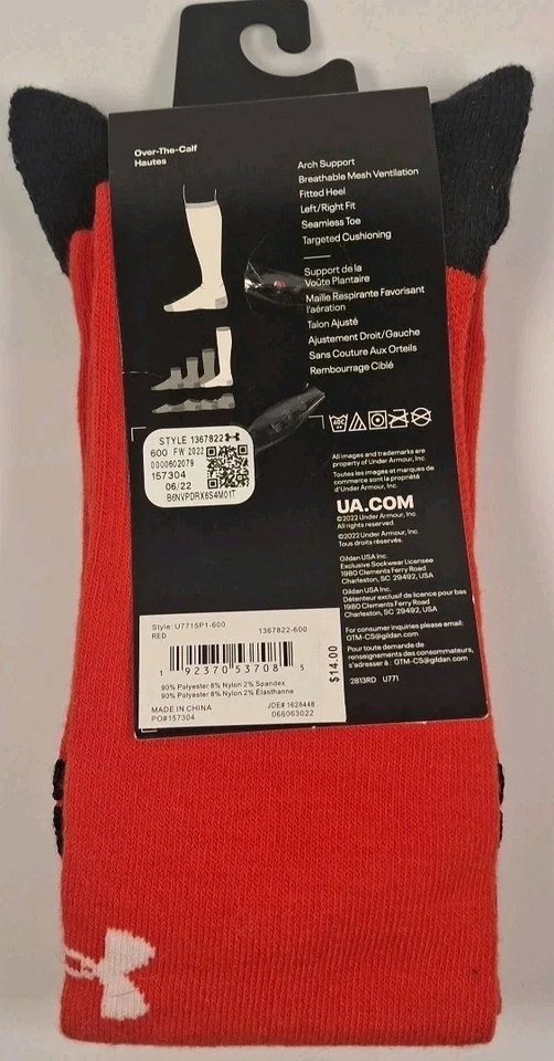 Calcetines Under Armour UA Team unisex grandes sobre la pantorrilla paquete de 3 M-8.5/13 W-10/14, rojo Foto 3 de 3