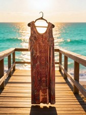 One World Pink Multicolor Paisley Maxi Dress Sleeveless Scoop Neck Button XL 