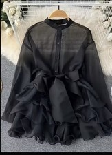 Damen Chiffon Maxikleid Schwarz Stehkragen Kn...