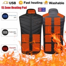 Men USB Electric Heated Vest Jacket 15 Zone Warm Up Heating Pad Body Warmer