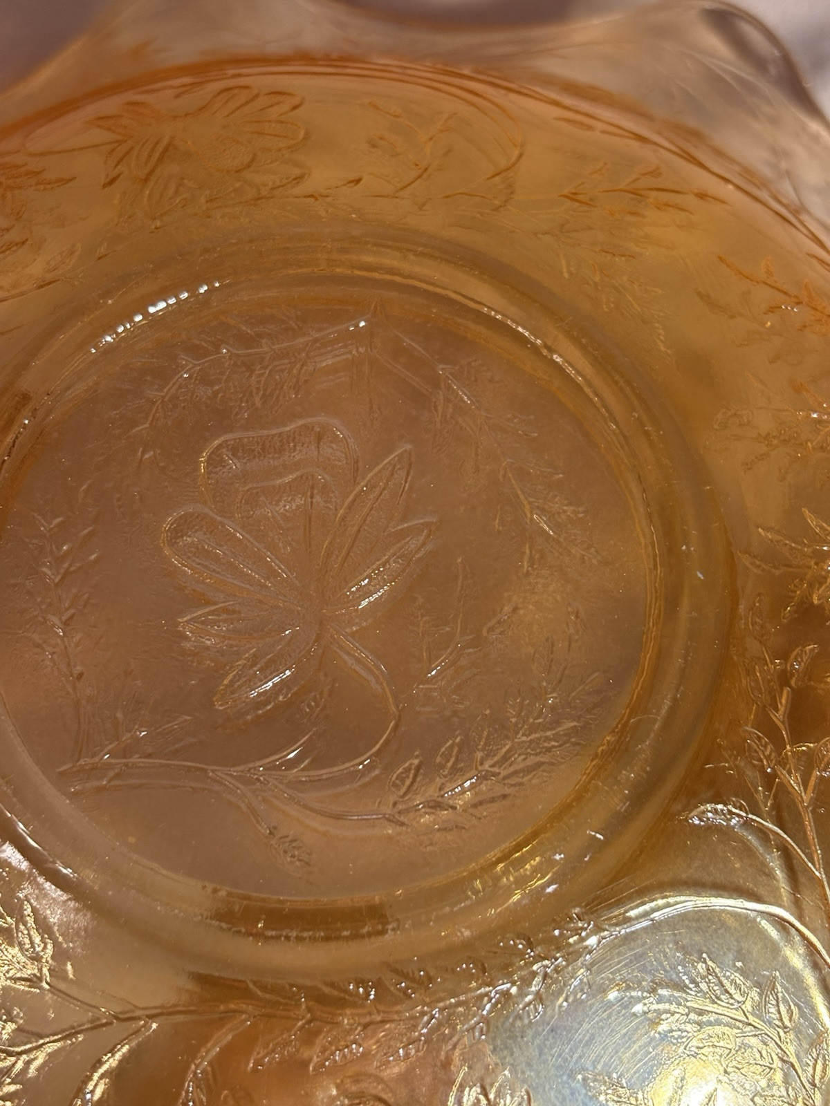 Vintage Jeanette Depression Glass, Amber Iris Herringbone Ruffle Edge Fruit Bowl