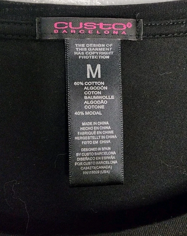 CUSTO BARCELONA Cotton Modal BLACK Feather Print Beaded Dress Shoulder Detail M - Image 3 of 4