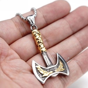 Authentic Mens Gold Plated Nordic Viking Raven Axe Pendant Necklace decor
