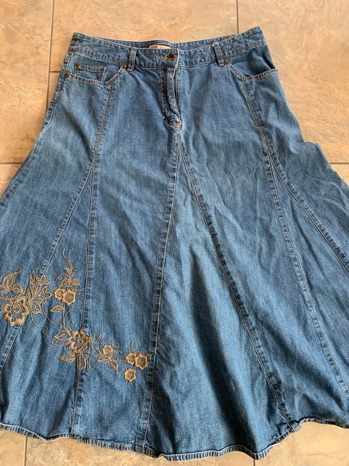 Faded Glory женщин 14 длиной джинсовой ткани Jean юбка вышитый цветочный Western романтический - Изображение 3 из 4