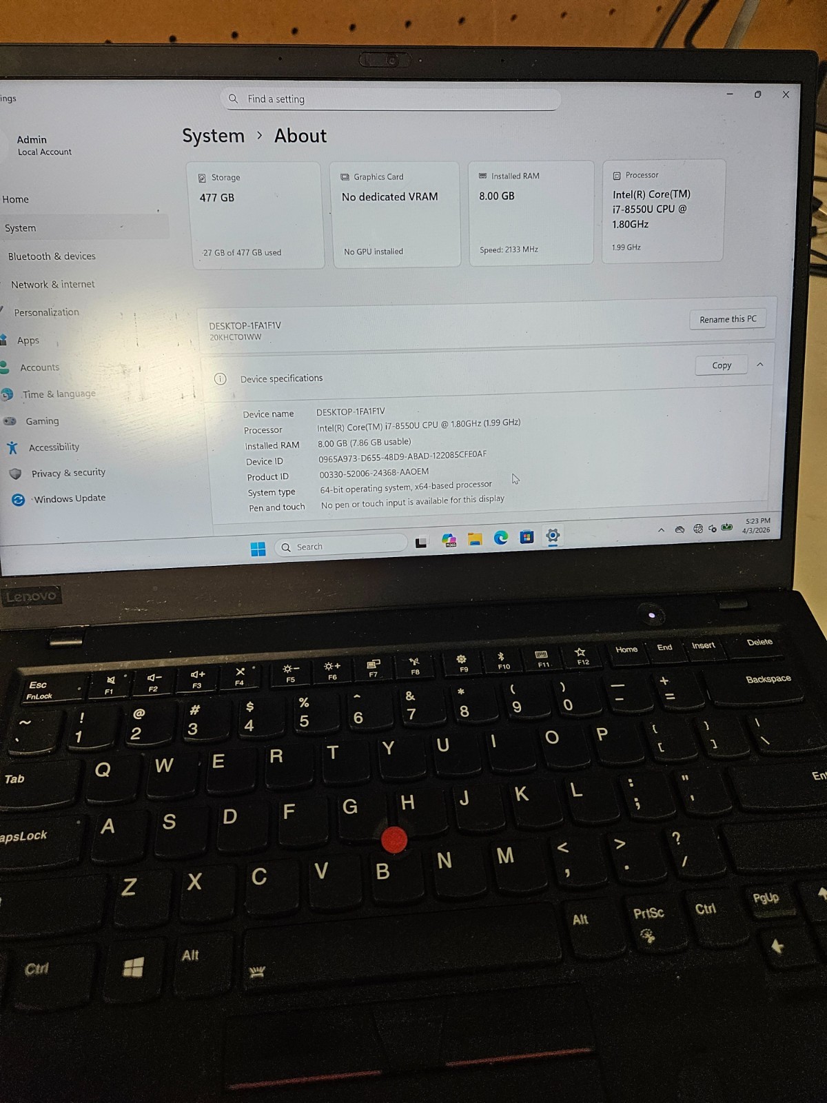 Lenovo ThinkPad X1 Carbon 8th Gen, 14-Inch Laptop, with Intel Core i7 10th Gen., 512 GB SSD (Solid State Drive), Windows 11 Pro